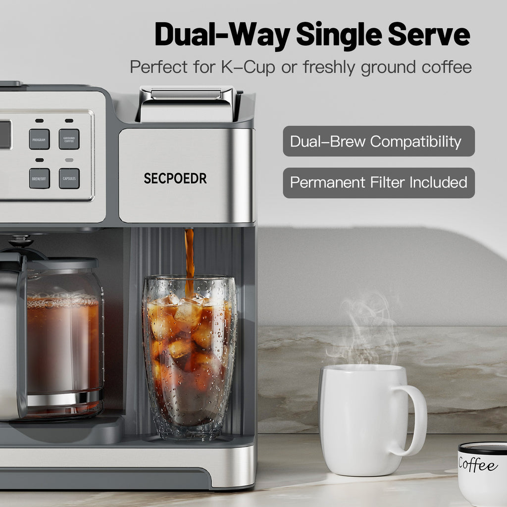 SECPOEDR Dual Brew Coffee Maker 12 Cup Programmable Coffee Machine, Single Serve Coffee Brewer & Drip Coffee Maker Combo, Compatible with Ground Coffee and Coffee Pods, Auto Shut-Off, Silver