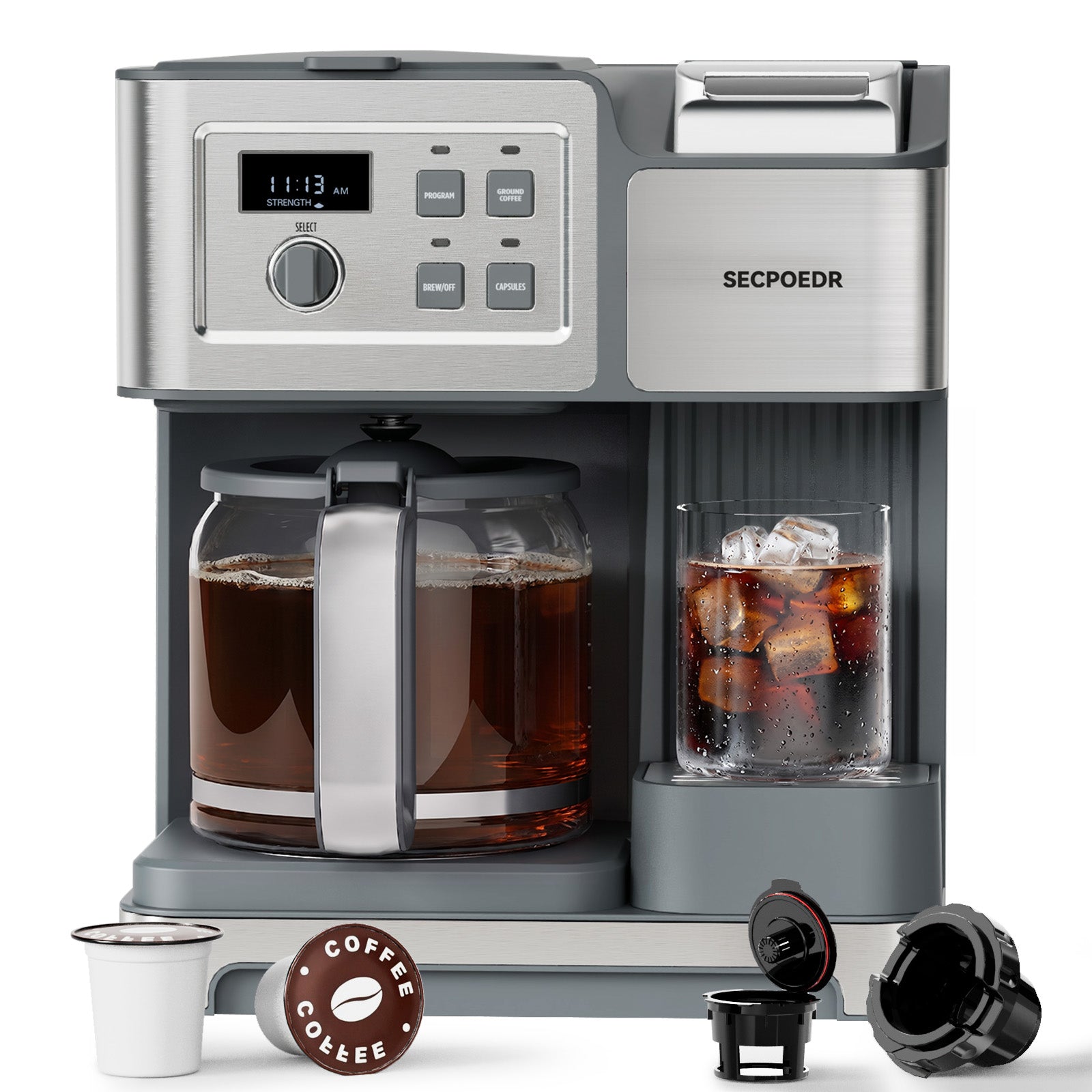 SECPOEDR Dual Brew Coffee Maker 12 Cup Programmable Coffee Machine, Single Serve Coffee Brewer & Drip Coffee Maker Combo, Compatible with Ground Coffee and Coffee Pods, Auto Shut-Off, Silver