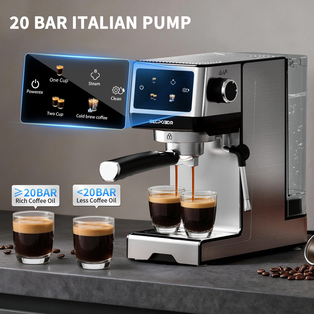 SECPOEDR 20Bar Espresso Machine with Hot & Rapid Cold Brew, Cappuccino Latte Machine with Milk Frother, 45oz Removable Water Tank, Touchscreen, Silver