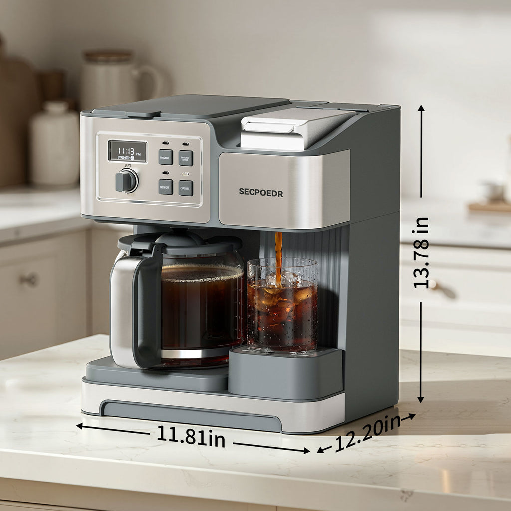 SECPOEDR Dual Brew Coffee Maker 12 Cup Programmable Coffee Machine, Single Serve Coffee Brewer & Drip Coffee Maker Combo, Compatible with Ground Coffee and Coffee Pods, Auto Shut-Off, Silver