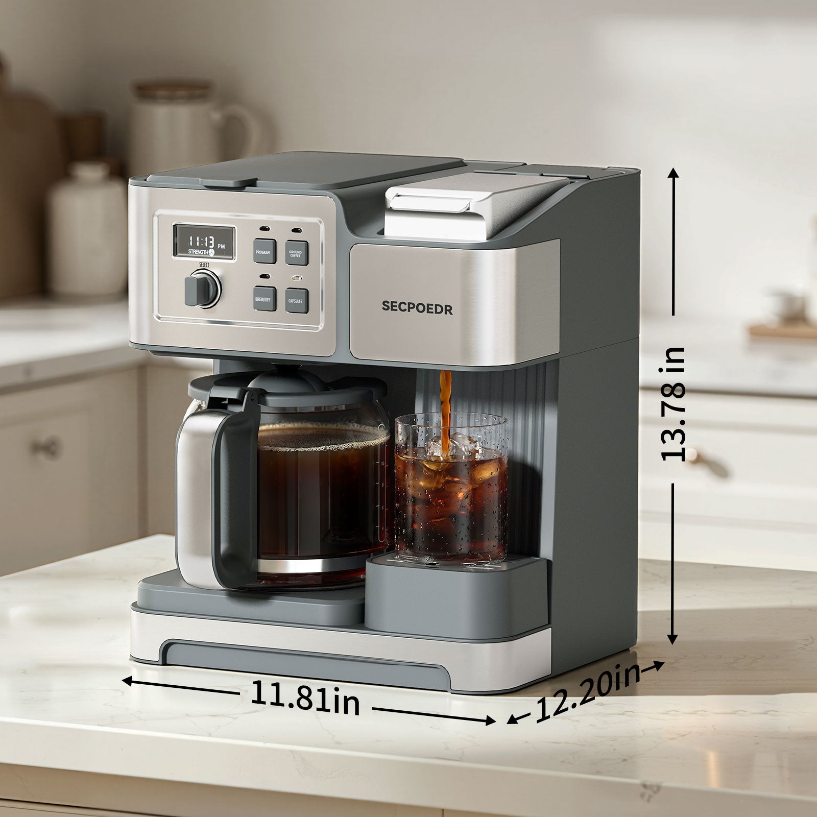 SECPOEDR Dual Brew Coffee Maker 12 Cup Programmable Coffee Machine, Single Serve Coffee Brewer & Drip Coffee Maker Combo, Compatible with Ground Coffee and Coffee Pods, Auto Shut-Off, Silver