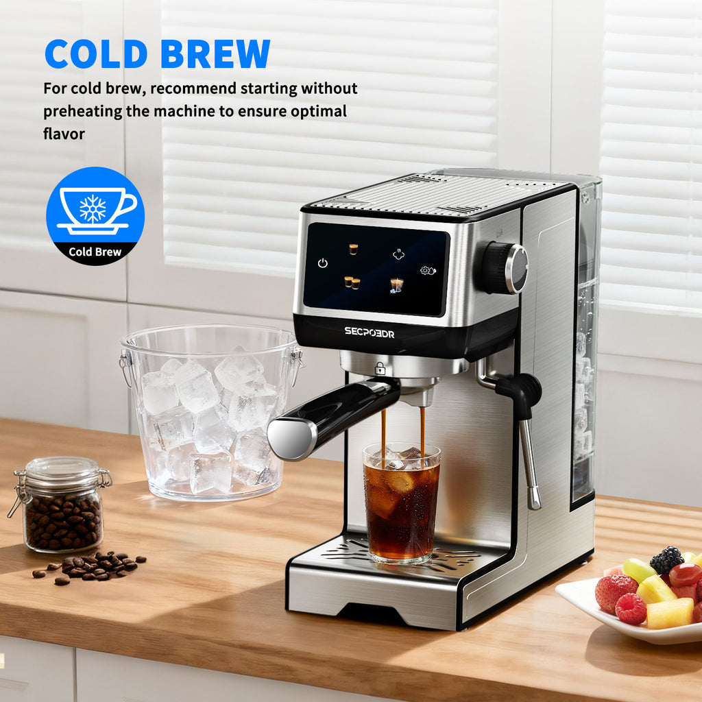 SECPOEDR 20Bar Espresso Machine with Hot & Rapid Cold Brew, Cappuccino Latte Machine with Milk Frother, 45oz Removable Water Tank, Touchscreen, Silver