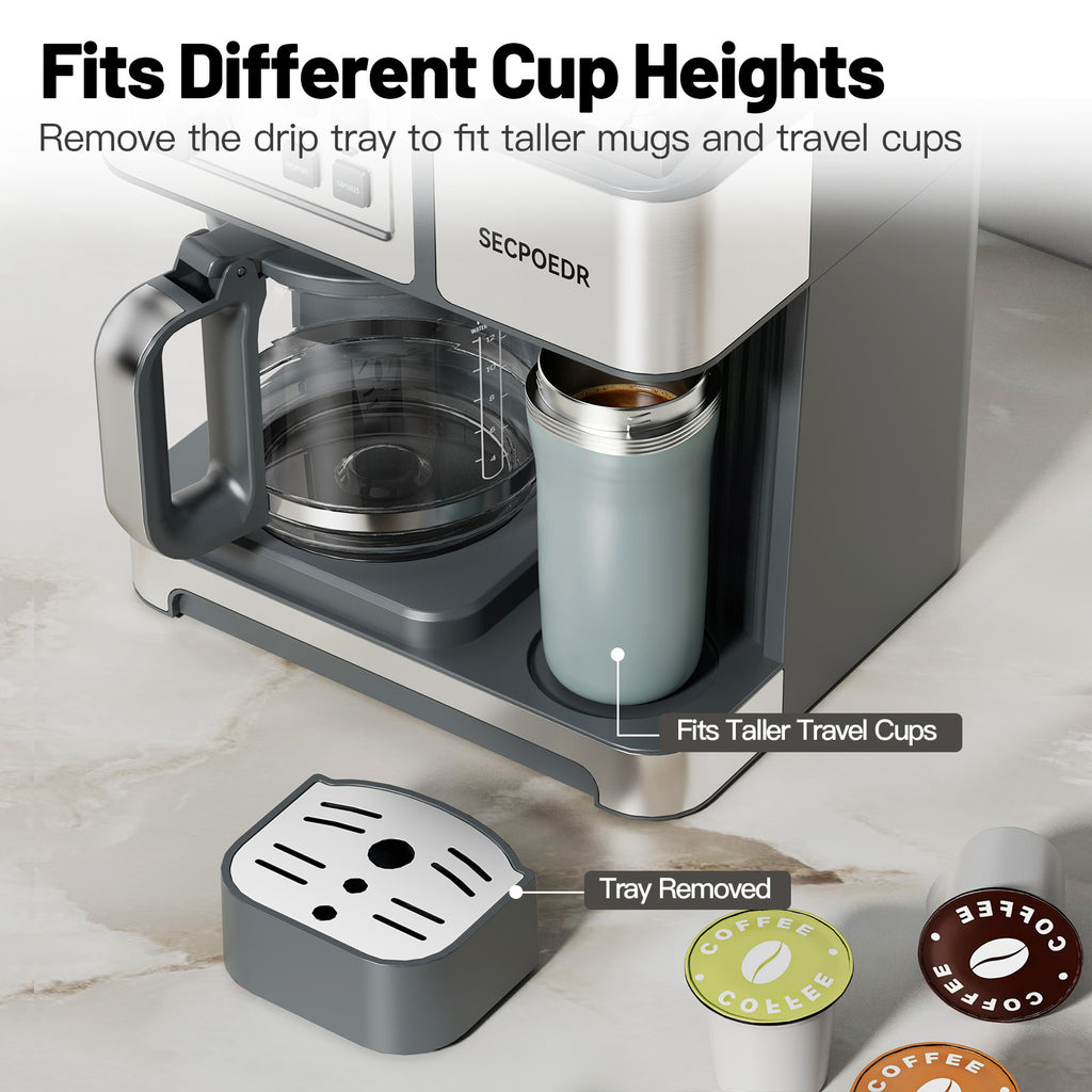 SECPOEDR Dual Brew Coffee Maker 12 Cup Programmable Coffee Machine, Single Serve Coffee Brewer & Drip Coffee Maker Combo, Compatible with Ground Coffee and Coffee Pods, Auto Shut-Off, Silver