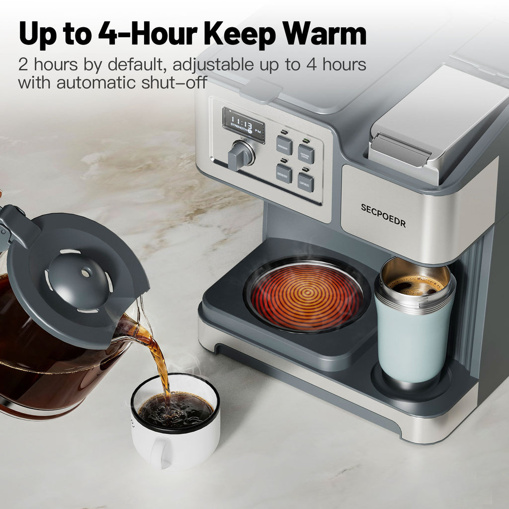 SECPOEDR Dual Brew Coffee Maker 12 Cup Programmable Coffee Machine, Single Serve Coffee Brewer & Drip Coffee Maker Combo, Compatible with Ground Coffee and Coffee Pods, Auto Shut-Off, Silver