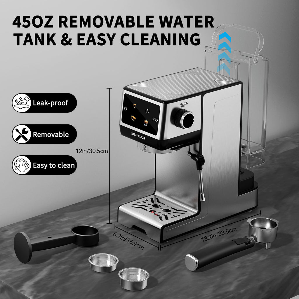 SECPOEDR 20Bar Espresso Machine with Hot & Rapid Cold Brew, Cappuccino Latte Machine with Milk Frother, 45oz Removable Water Tank, Touchscreen, Silver
