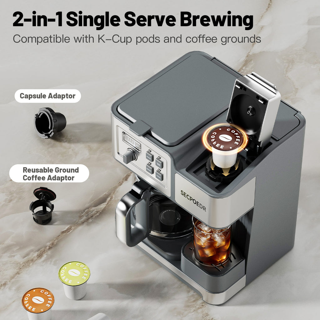 SECPOEDR Dual Brew Coffee Maker 12 Cup Programmable Coffee Machine, Single Serve Coffee Brewer & Drip Coffee Maker Combo, Compatible with Ground Coffee and Coffee Pods, Auto Shut-Off, Silver