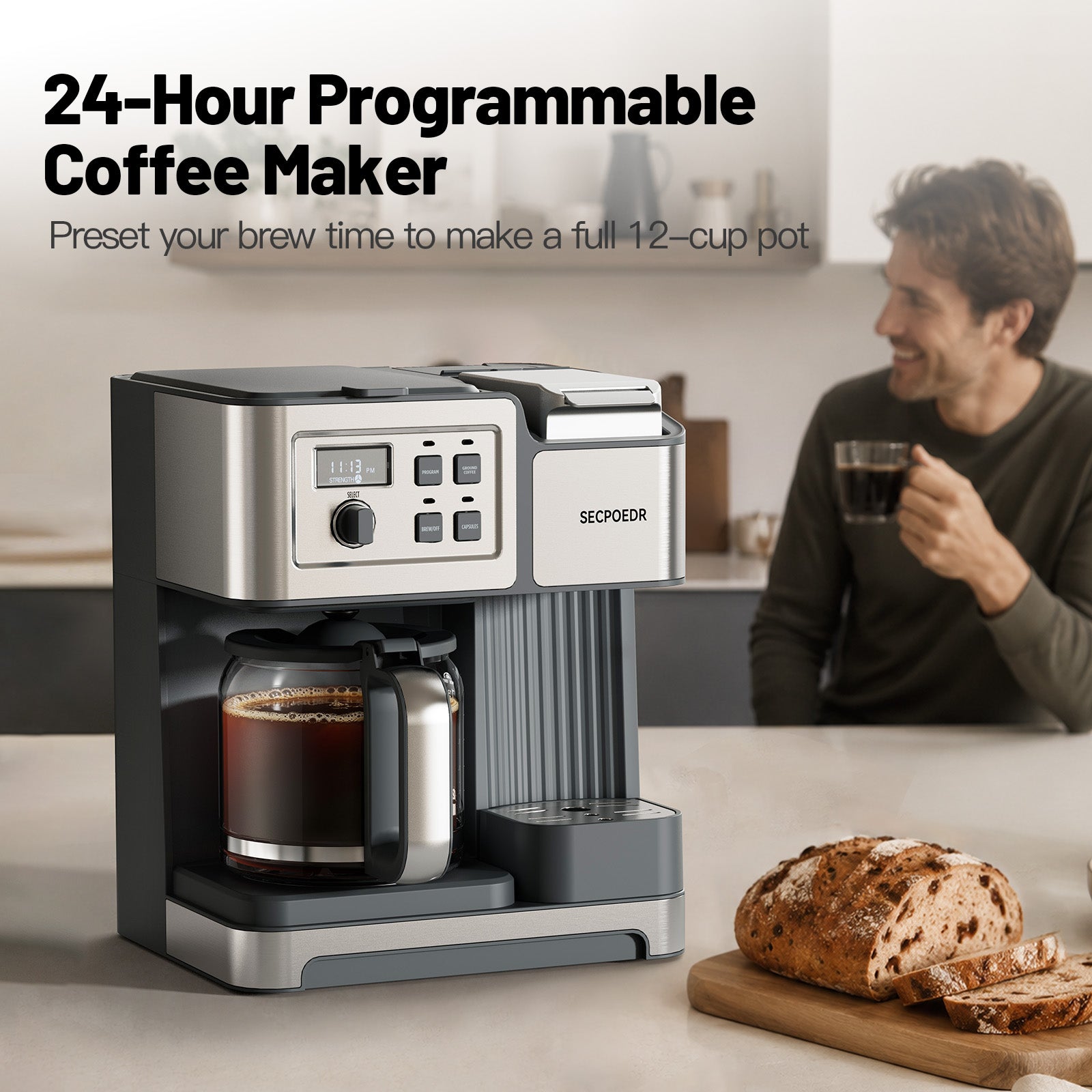 SECPOEDR Dual Brew Coffee Maker 12 Cup Programmable Coffee Machine, Single Serve Coffee Brewer & Drip Coffee Maker Combo, Compatible with Ground Coffee and Coffee Pods, Auto Shut-Off, Silver