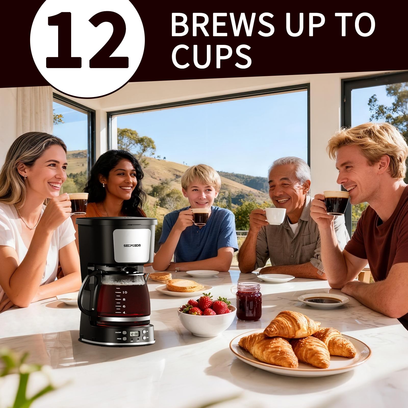 12-Cup Drip Coffee Maker with Reusable Filter,Programmable Clock,Auto Brew