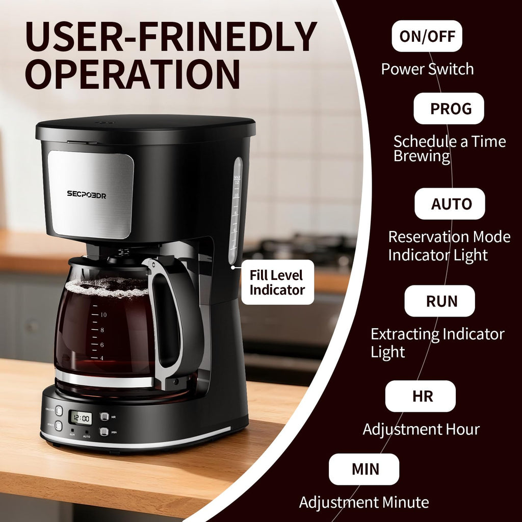 12-Cup Drip Coffee Maker with Reusable Filter,Programmable Clock,Auto Brew