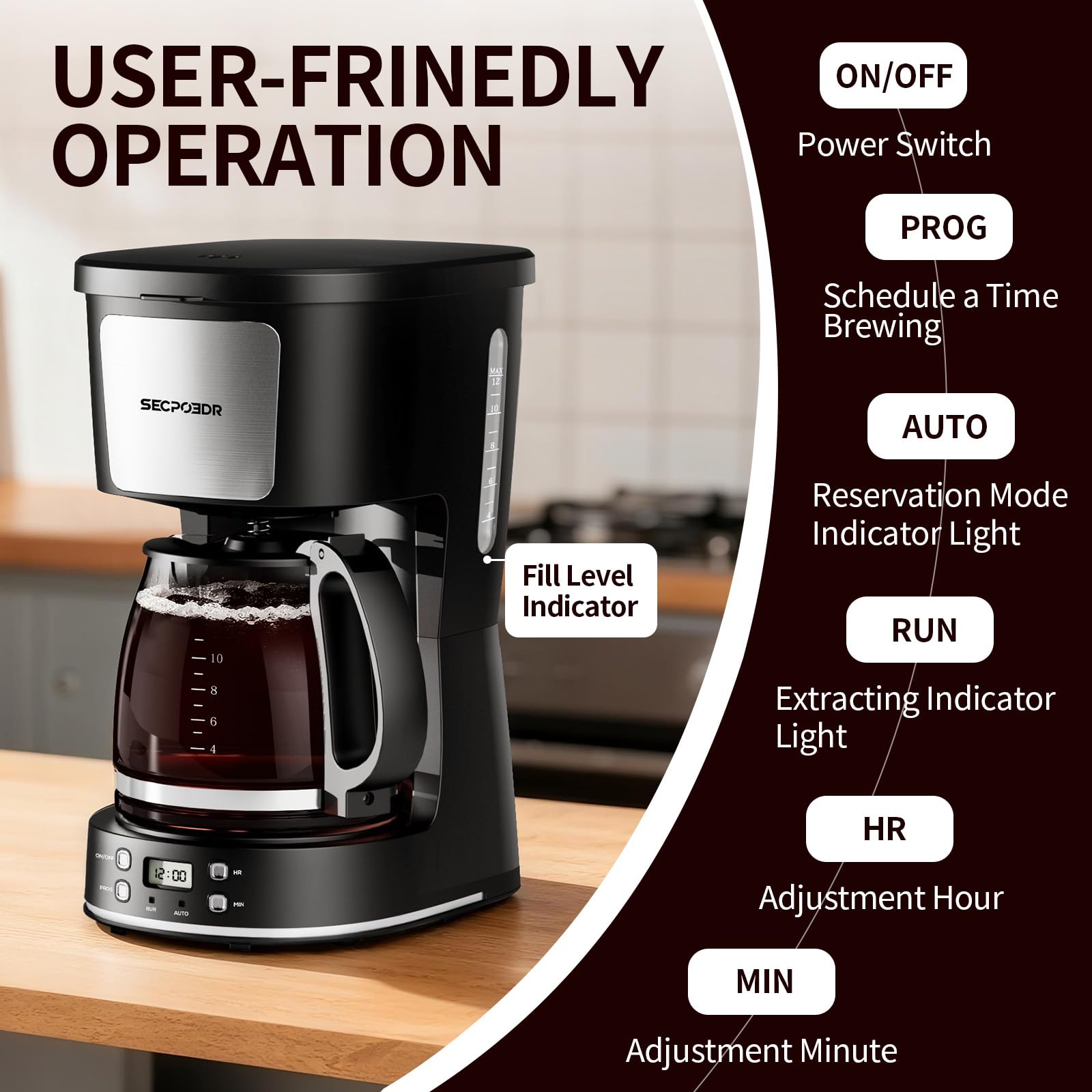 12-Cup Drip Coffee Maker with Reusable Filter,Programmable Clock,Auto Brew