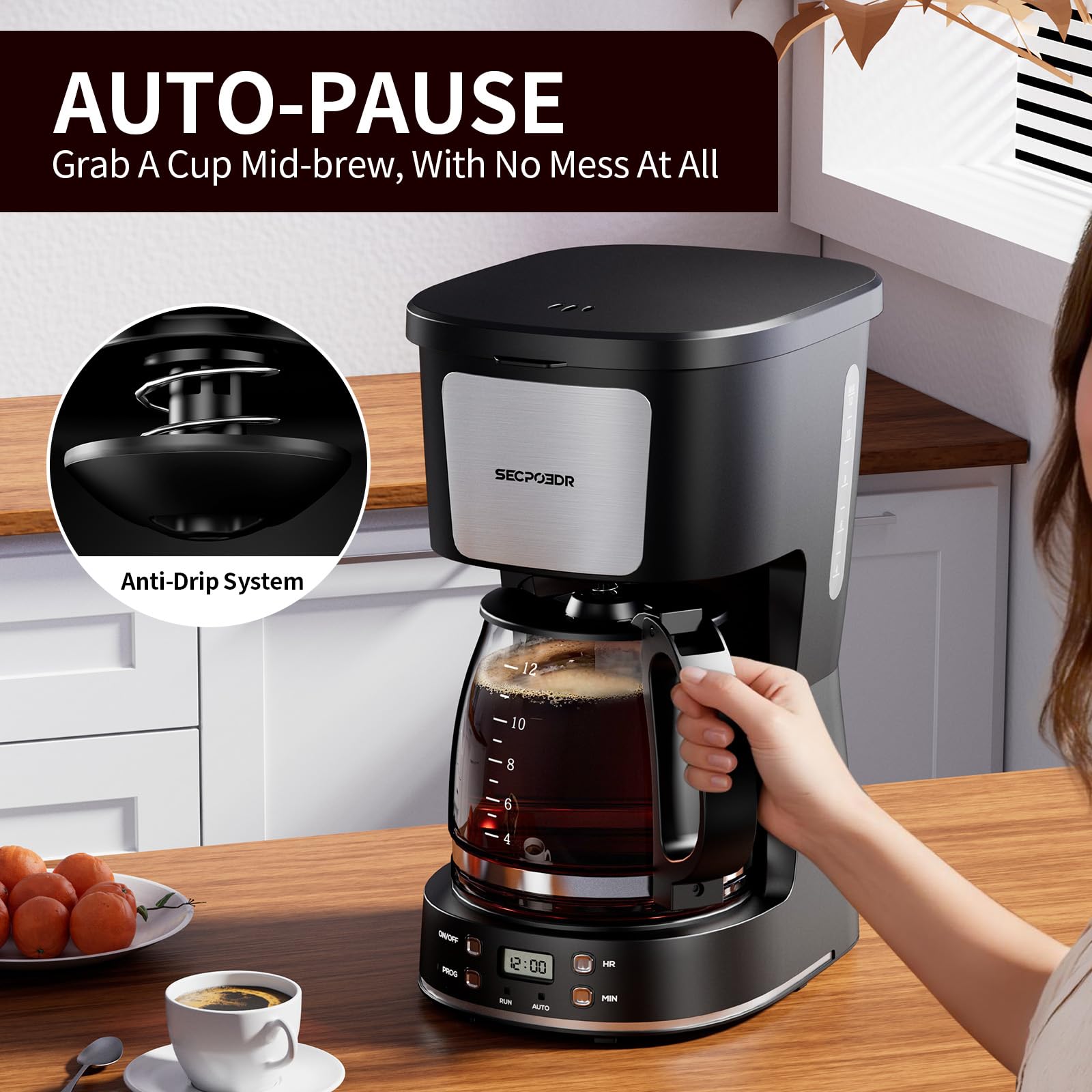 12-Cup Drip Coffee Maker with Reusable Filter,Programmable Clock,Auto Brew