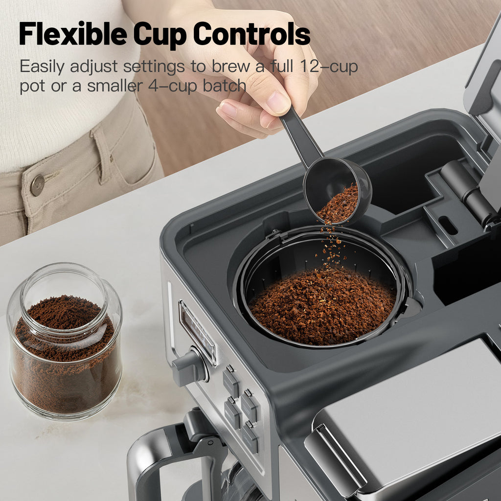 SECPOEDR Dual Brew Coffee Maker 12 Cup Programmable Coffee Machine, Single Serve Coffee Brewer & Drip Coffee Maker Combo, Compatible with Ground Coffee and Coffee Pods, Auto Shut-Off, Silver