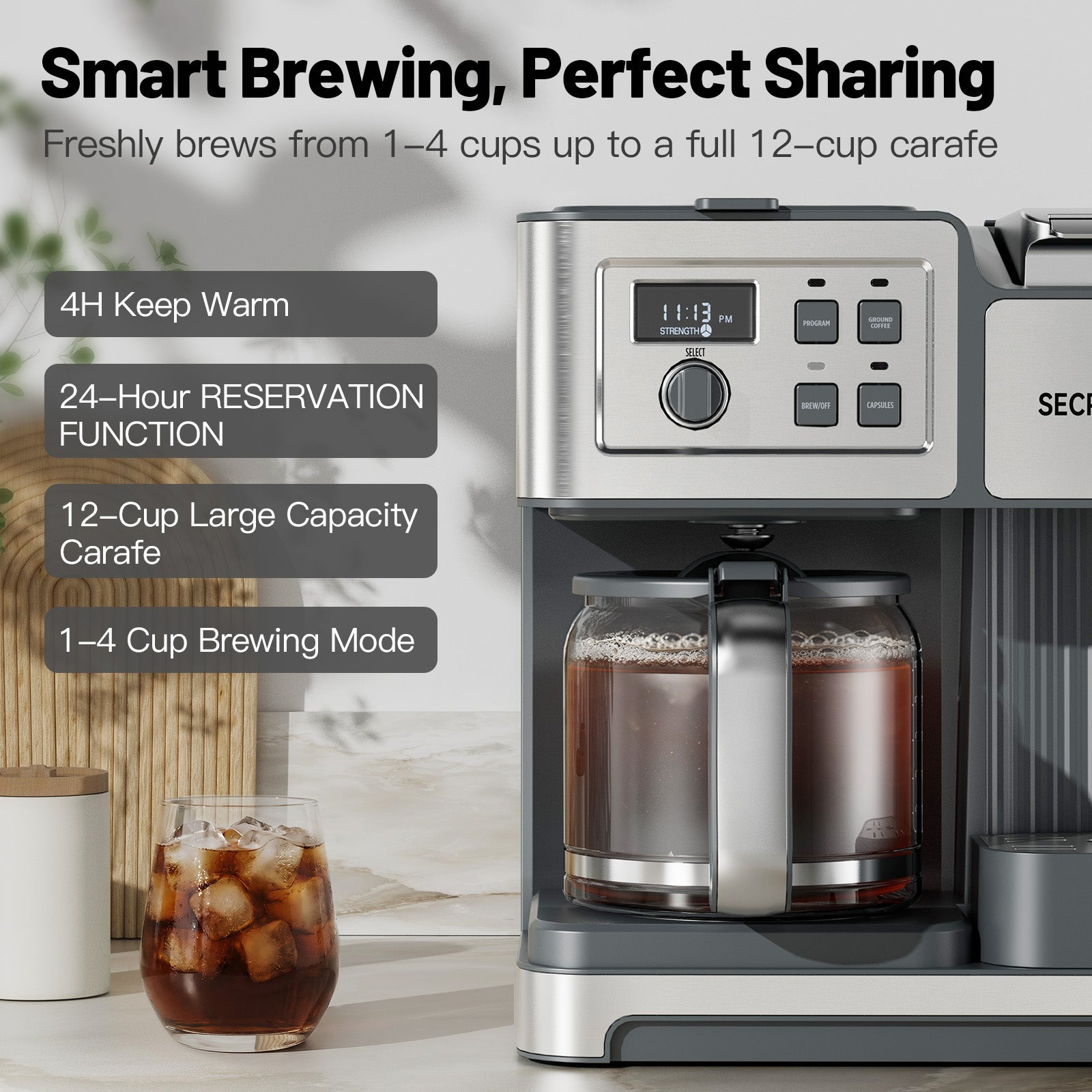 SECPOEDR Dual Brew Coffee Maker 12 Cup Programmable Coffee Machine, Single Serve Coffee Brewer & Drip Coffee Maker Combo, Compatible with Ground Coffee and Coffee Pods, Auto Shut-Off, Silver